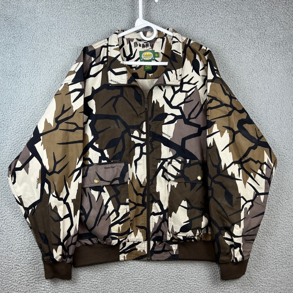 Cabelas Predator Camo Hunting Jacket Mens 2XL Brown Tan Full Zip Cotton Blend